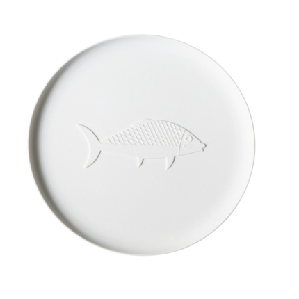 Plateau décoratif rond Poisson Chandigarh Cassina en porcelaine blanche non émaillée, diamètre 35 cm