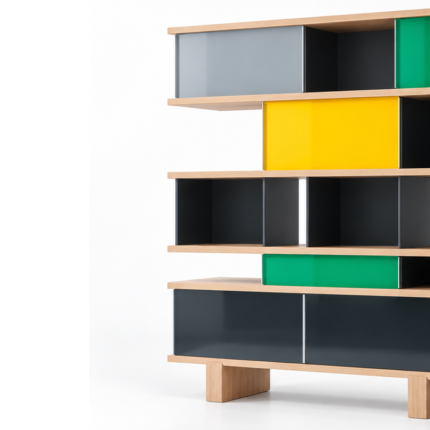 Bibliothèque Nuage 526 de Charlotte Perriand avec panneaux bleus, verts et noirs dans un intérieur contemporain