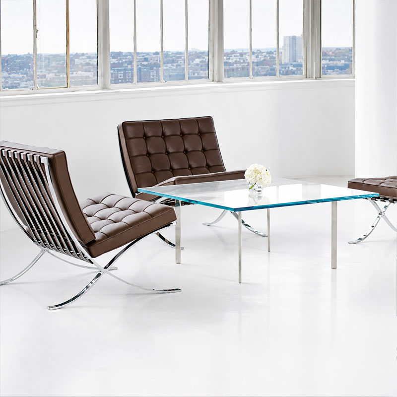Knoll La Baule Table Basse Van Der Rohe barcelona Verre Acier 100cm x 100cm Marron chrome quickship Icônes