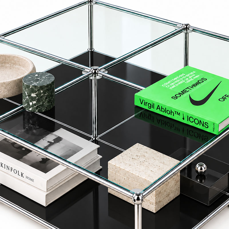 USM Haller Table Basse Noir Graphite Verre Transparent Chrome Fritz Haller Paul SCHÄRER Icônes Angers Nantes Paris Bordeaux Rennes Mans Nice Tours 0