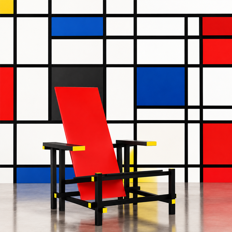 Fauteuil Red and Blue de Gerrit Rietveld devant une composition géométrique rouge, bleue, jaune et blanche inspirée de De Stijl