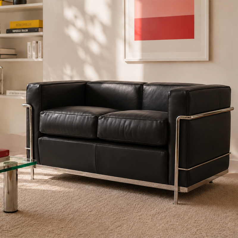 Canapé LC2 Grand Confort en cuir noir dans un salon élégant avec tableau rouge et mobilier contemporain