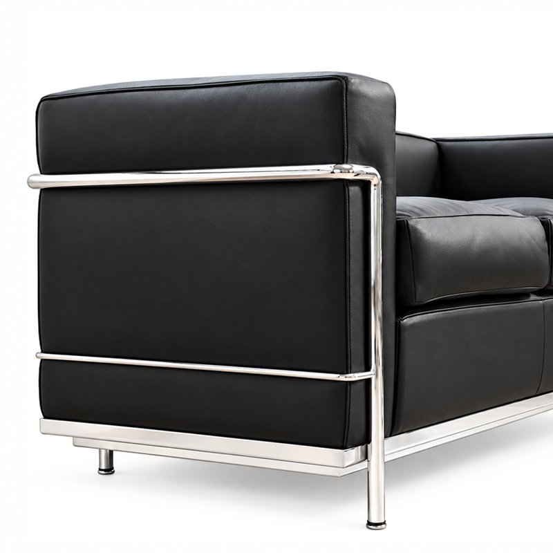 Vue arrière de trois quarts du canapé LC2 Cassina montrant ses coussins en cuir noir et sa structure chromée