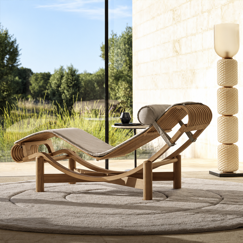 Chaise longue Tokyo Cassina en bois naturel avec matelas clair dans un intérieur contemporain ouvert sur le jardin