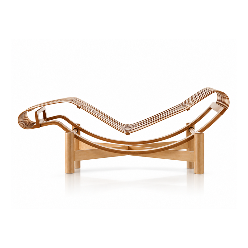 Vue latérale de la chaise longue Tokyo 522 de Charlotte Perriand, sans matelas, mettant en valeur sa silhouette ondulée