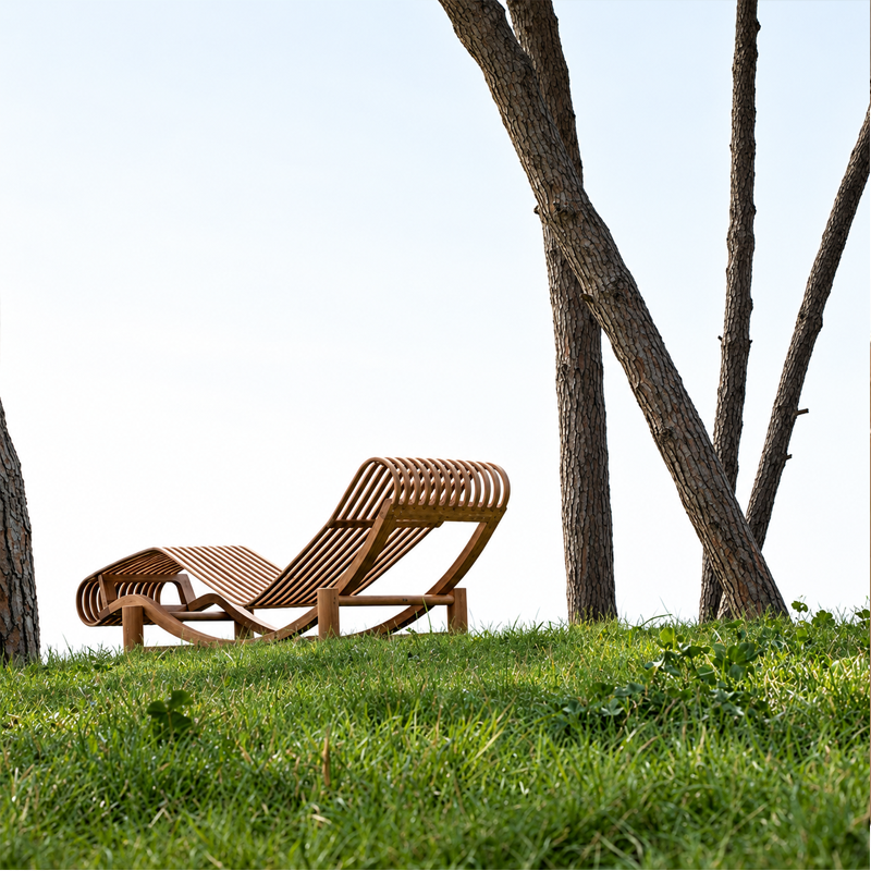 Fauteuil bas à assise en lattes de bois courbé installé sur une pelouse dans un jardin arboré