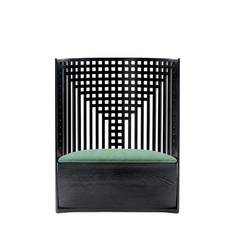 Chaise Hill House 1 Cassina référence 292 04 en frêne teinté noir et velours vert pétrole, design Charles Rennie Mackintosh