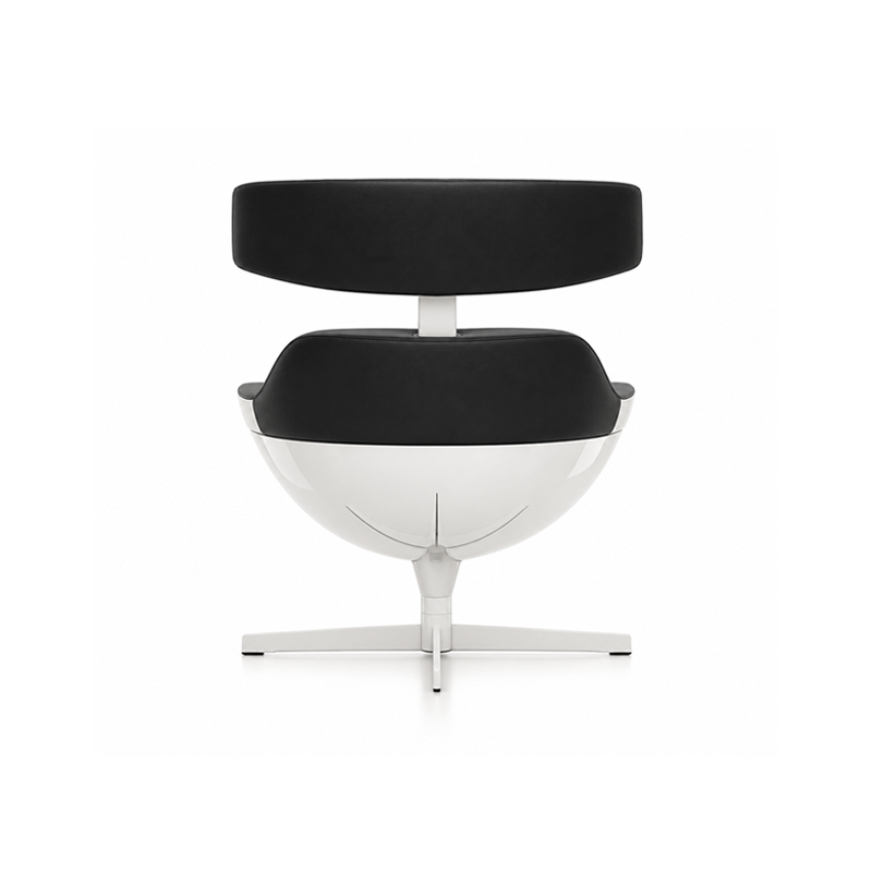 Vue arrière du fauteuil Auckland Cassina avec coque blanche brillante, dossier noir et appuie-tête réglable