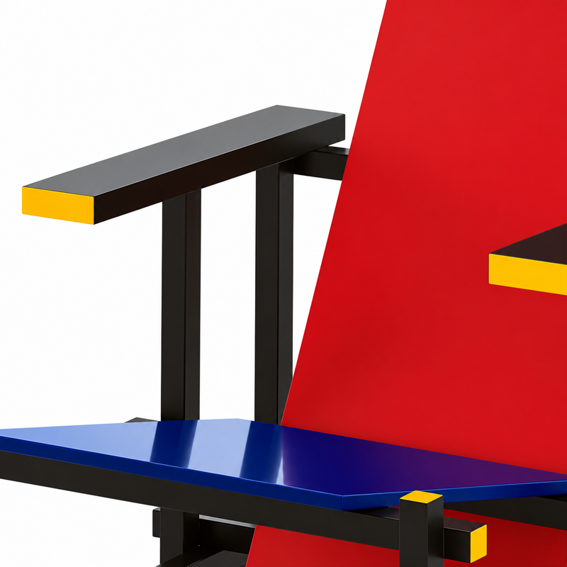 Gros plan sur l'accoudoir noir, le dossier rouge et l'assise bleue du fauteuil Red and Blue Cassina