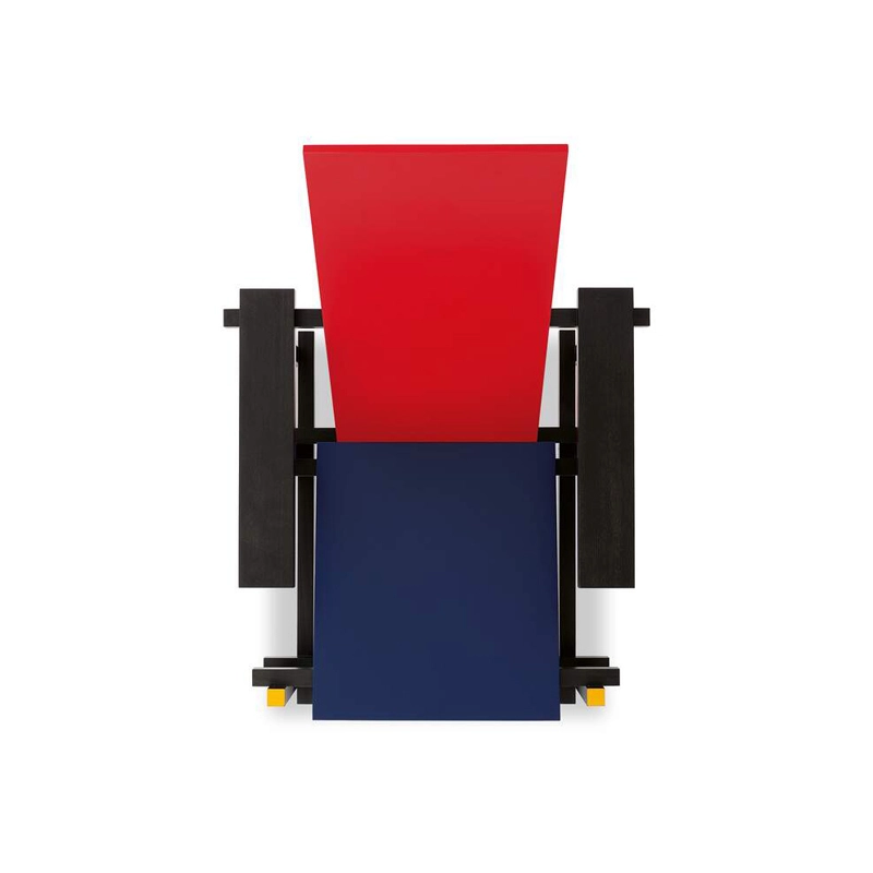 Vue de dessus du fauteuil Red and Blue 635 Cassina, design Gerrit Rietveld, avec dossier rouge et structure noire