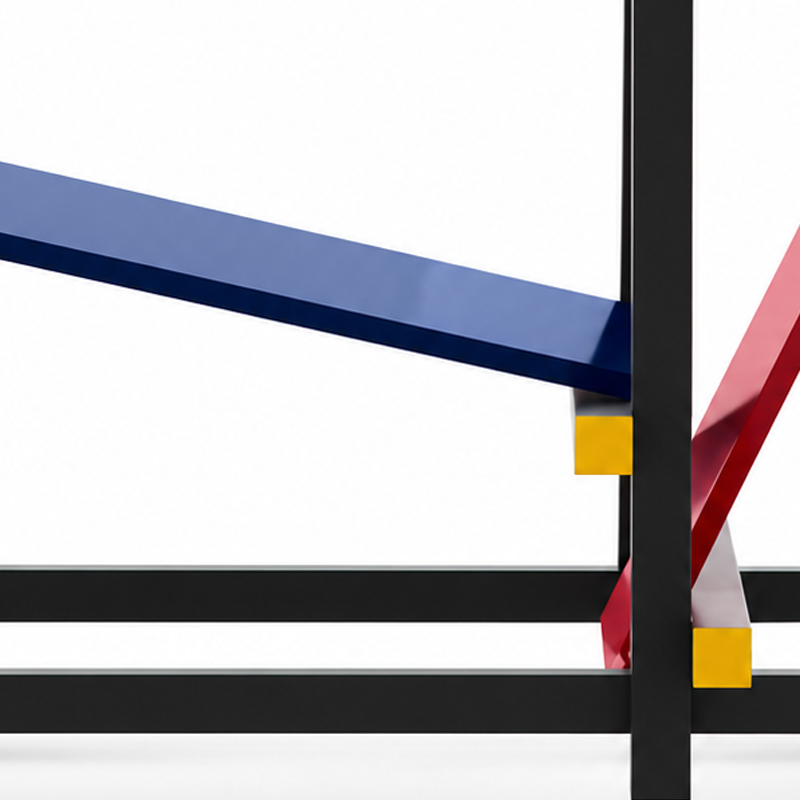Détail des traverses en bois noir et des extrémités jaunes du fauteuil Red and Blue de Gerrit Rietveld
