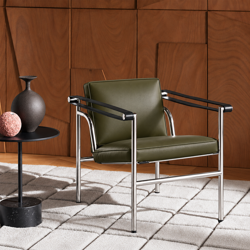Cassina Fauteuil lc1 villa Church Chrome Cuir Vert Olive Le Corbusie  Perriand Jeanneret Icônes Angers Nantes Paris Bordeaux Tours