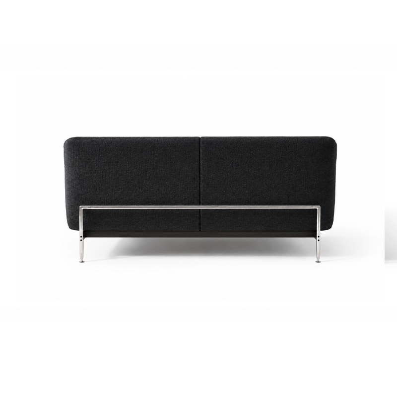 Vue arrière du lit Esosoft Cassina montrant la tête de lit rembourrée noire et son piètement métallique