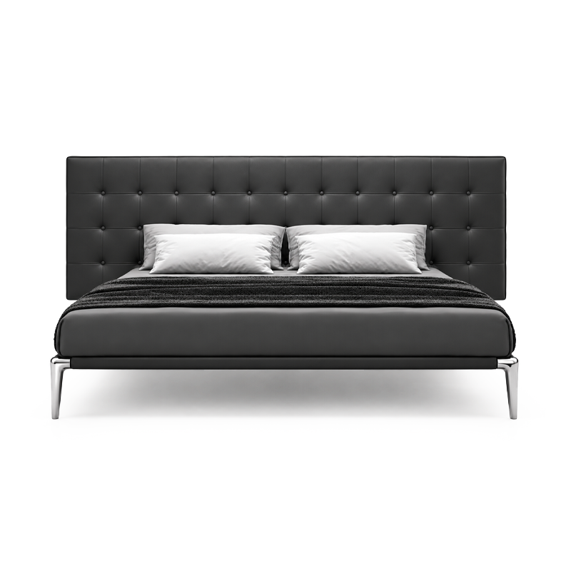 Lit Volage L26 Cassina en cuir noir capitonné, vue de face sur fond blanc, design Philippe Starck