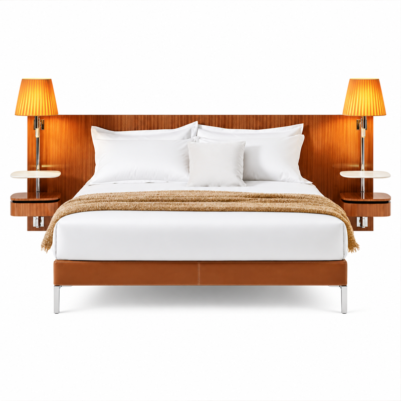 Lit double Volage EX-S Night Wood Cassina en acajou brillant et cuir naturel, vue de face sur fond blanc