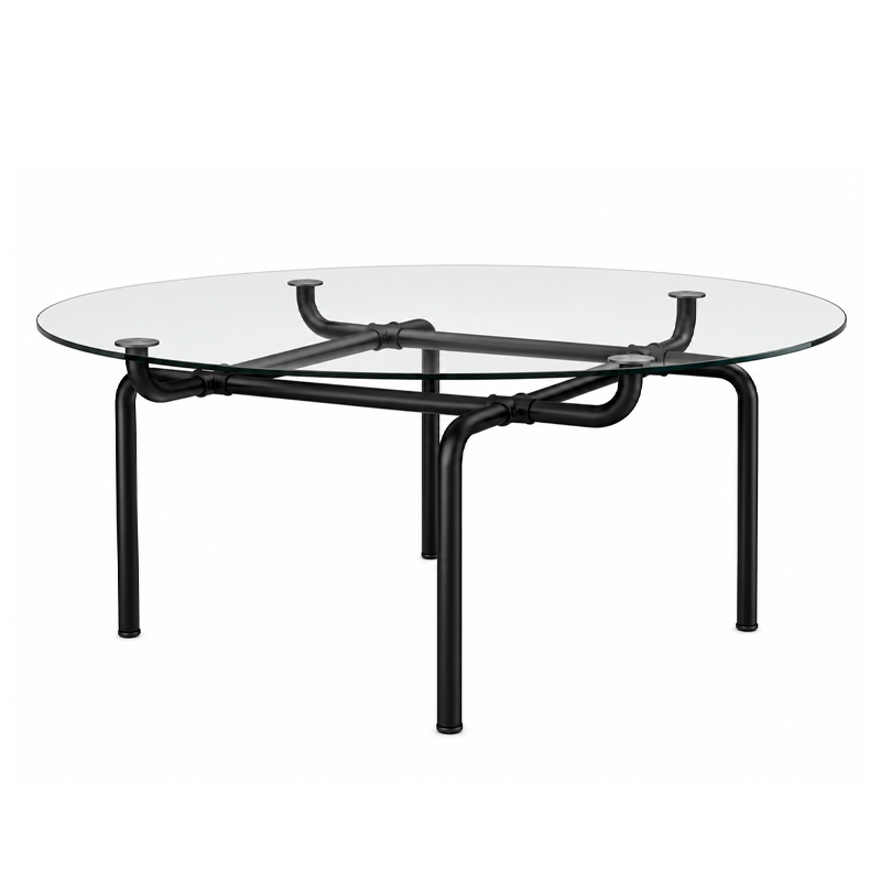 Table ronde Edison 790 16 01 Cassina avec plateau en verre transparent et structure en acier noir mat, design Vico Magistretti