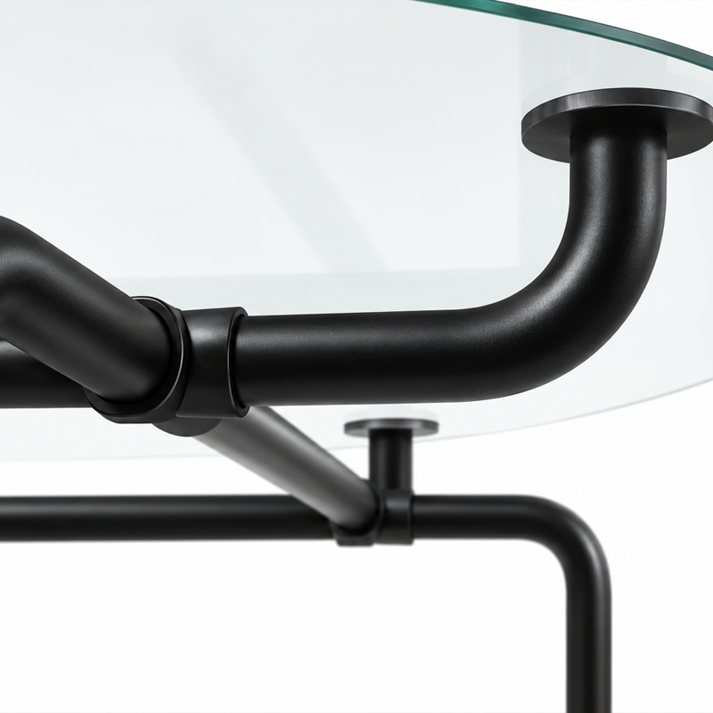Gros plan sur les tubes en acier noir mat et les raccords métalliques de la table Edison Cassina