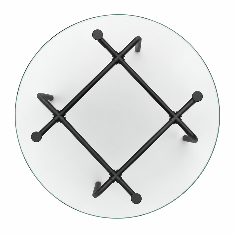 Vue de dessus du plateau en verre transparent de la table Edison 790 Cassina, structure tubulaire noire en croix