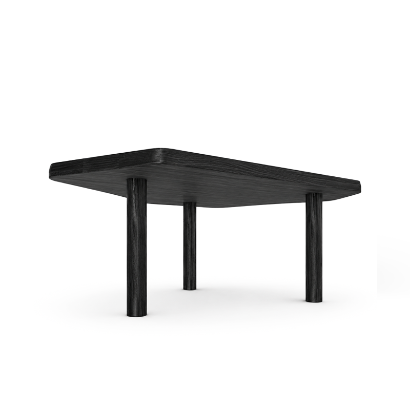 Table Montparnasse 545 02 Cassina en frêne massif noir, plateau de forme libre et trois pieds cylindriques, vue de trois quarts