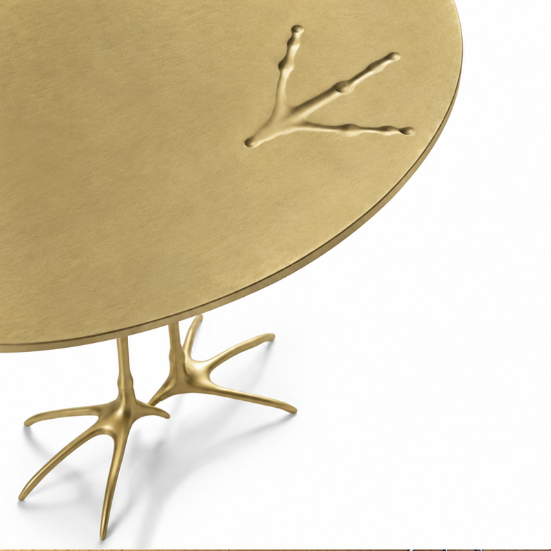 Détail des empreintes de pattes d'oiseau sur le plateau en feuille d'or de la table Traccia Cassina
