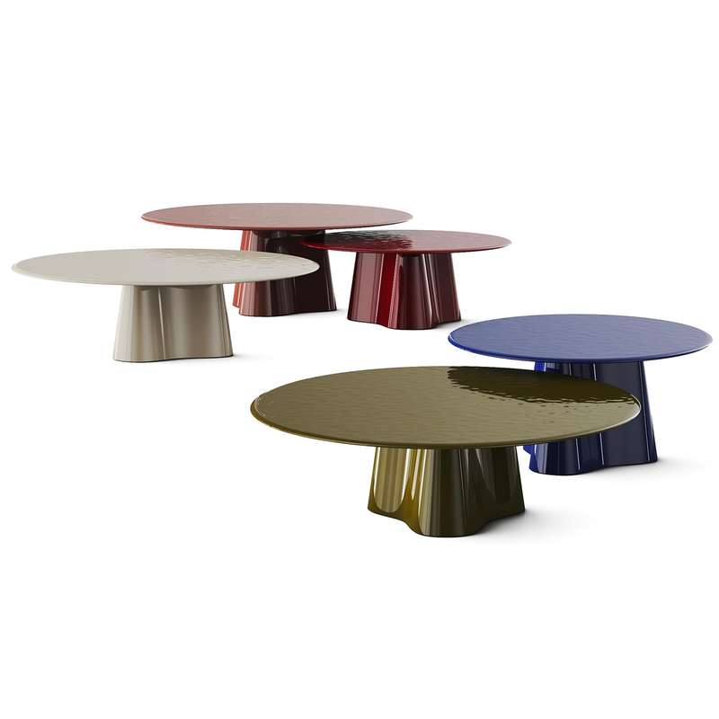Collection de tables rondes Treflo Cassina dans différentes finitions et couleurs, design Ronan Bouroullec