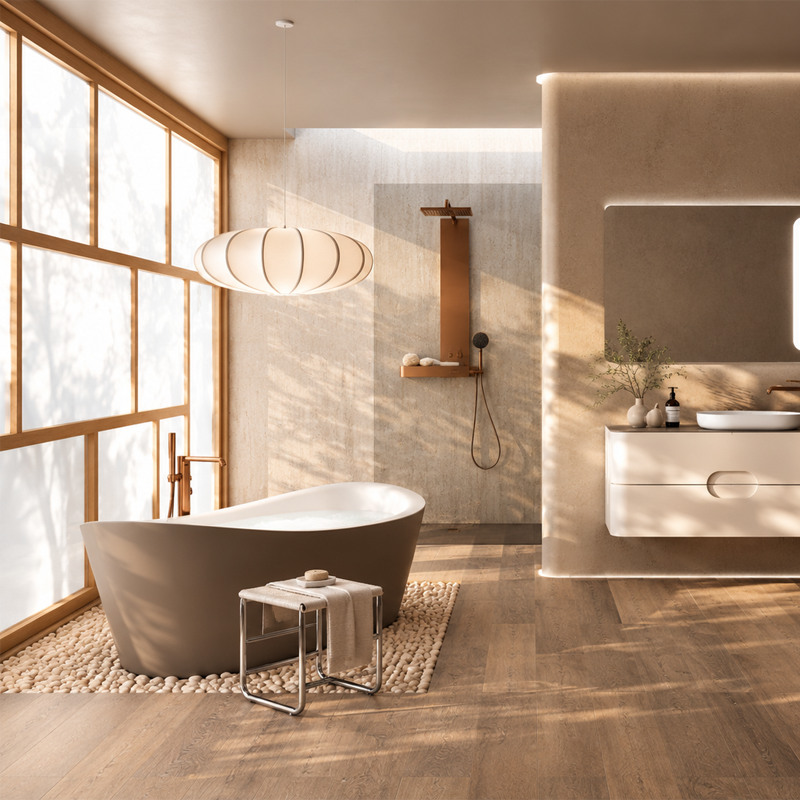 Tabouret 009 de Charlotte Perriand à côté d'une baignoire îlot dans une salle de bains aux tonalités beige